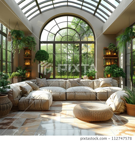 AI-generated content. Bright and airy sunroom filled with plants and natural light3D render 112747578