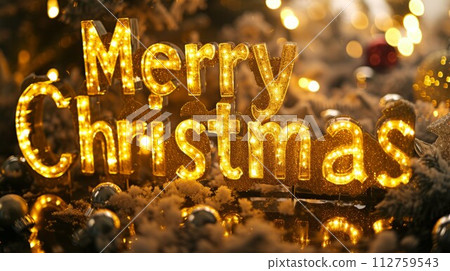 AI-generated content. Yellow Glass Merry Christmas concept creative horizontal art poster. Words Merry Christmas made in textured lettering. Horizontal Illustration. Ai Generated Holiday and 112759543