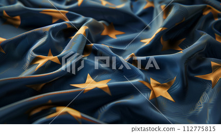 AI-generated content. A close-up view of the flag of the European Union with golden stars representing the member states 112775815