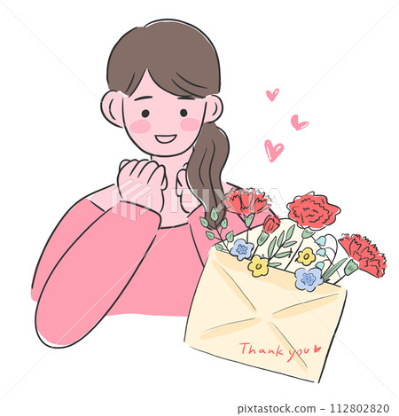 Mother's Day, smiling woman and message card and carnation, cute hand drawn illustration 112802820