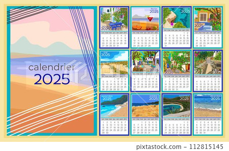 French calendar 2025. Colorful monthly calendar with various southern landscapes. Week starts on Monday 112815145