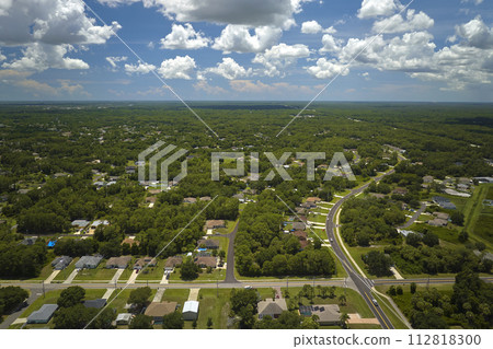 Aerial view of american small town in Florida with private homes between green palm trees and suburban streets in quiet residential area 112818300