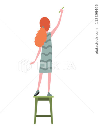 Kid Painting and Drawing with Brushes and Pencils on White Wall Vector Illustration 112899466