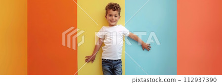 Hispanic child boy 4-6 years old in a white T-shirt without a pattern against the background of a colored wall, banner 112937390