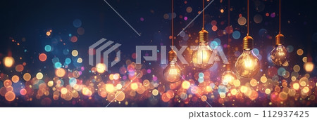 Illuminated filament lamps hang on laces in a beautiful interior on a blurred bright multi-colored background, festive lighting for a cafe or bar, banner 112937425