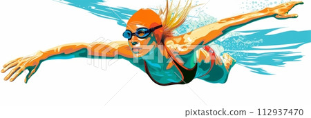 Illustration of an athlete woman swimmer in the water on a white background, swimming competition 112937470