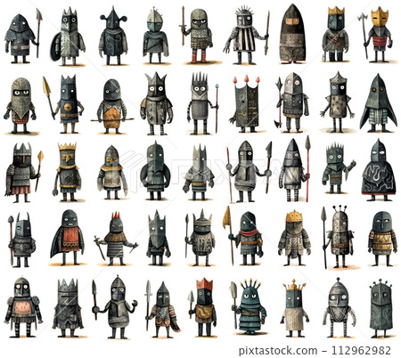 Collection of cartoon medieval knights in armour with shields, swords and spears. Printable stickers 112962982