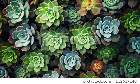 AI-generated content. Top view of beautiful succulents. Botanical floral background. Many echeverias wallpaper 112017146