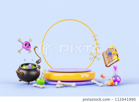 3d magic school stage for magician, wizard award ceremony. Halloween podium display with gold circle frame, spell book, potion bottles, witch boiling cauldron, ladle, skull and bones. 3D illustration 112041990