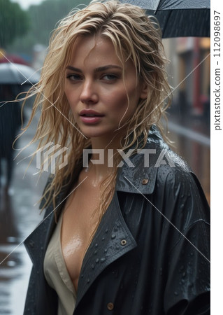 AI-generated content. Portrait of pretty blond wet woman on a city street in a rainy weather 112098697