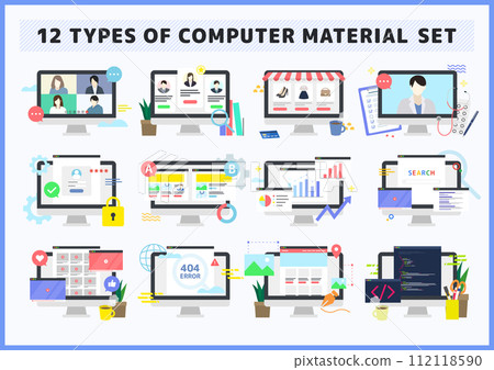 各種電腦和瀏覽器螢幕的插圖素材集 112118590