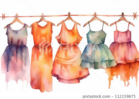 Clothes on hangers watercolor. Women's clothing store. 112159675