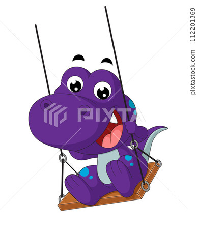 Cute little dinosaur cartoon playing on swing of illustration 112201369