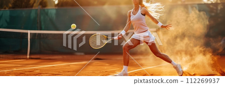 Tennis matches, strong girl tennis player hitting a tennis ball with a racket, banner 112269937