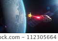 Satellite attacking another satellite with laser weapon in space on Earth planet orbit 112305664