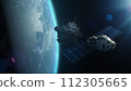 Satellite attacking another satellite with laser weapon in space on Earth planet orbit 112305665