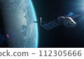 Satellite attacking another satellite with laser weapon in space on Earth planet orbit 112305666