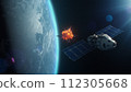 Satellite attacking another satellite with laser weapon in space on Earth planet orbit 112305668