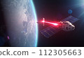 Satellite attacking another satellite with laser weapon in space on Earth planet orbit 112305663