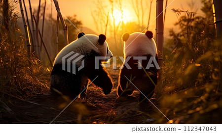 Two giant panda bear walking in the bamboo forest at sunset. Generate Ai 112347043