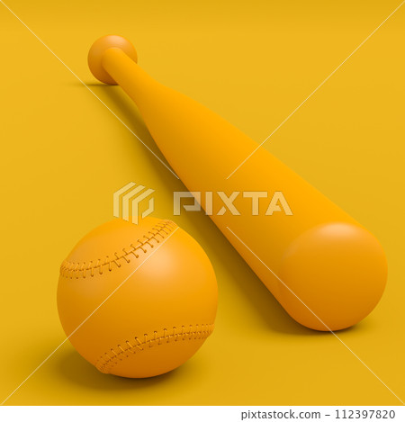 Wooden professional softball or baseball bat and ball on monochrome background 112397820