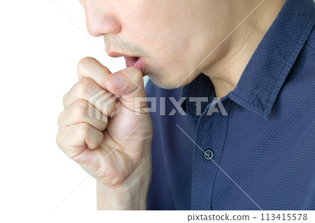 A man with a cold and cough He covered his hands to prevent a runny nose. 113415578