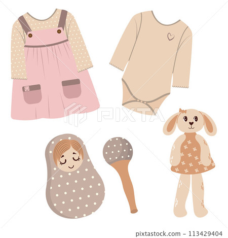 Vector Set of baby clothes and toys Sundress Dress Doll Nevalyashka Marakase Flat style 113429404