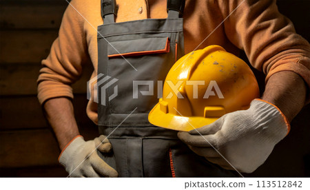 Construction Worker Holding His Orange Safety Helmet - Generative Ai 113512842