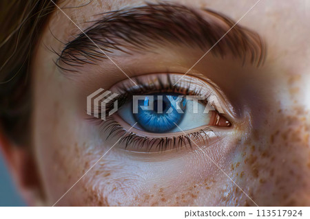 Detailed close-up view of a humans blue eye, highlighting its realistic beauty. 113517924