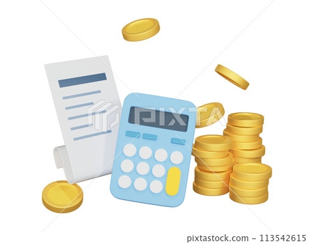 Receipts and calculators and coins 3D icons 113542615