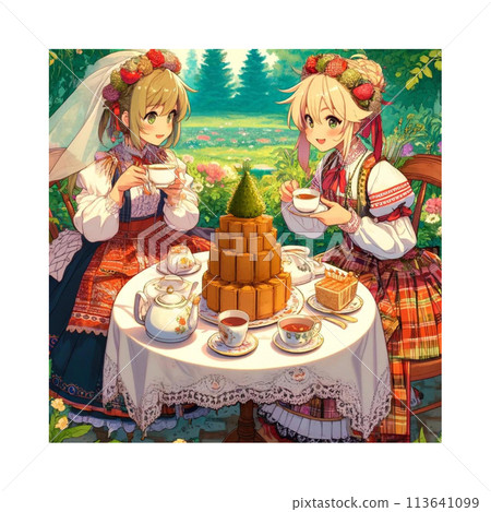 Two girls having cute and elegant tea time under the sunlight filtering through the trees - Anime style 113641099