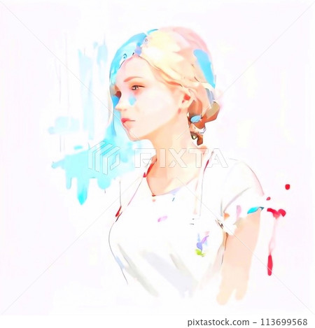 Portrait of a girl painted with watercolors of multi-colored paints with splashes on a white background. 113699568