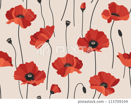 Vibrant red poppies on a light beige background, creating a continuous floral pattern. Modern seamless print. 113709104