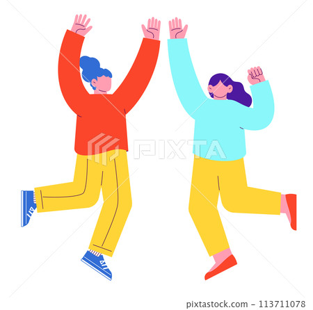 Illustration of two women jumping with joy. Flat RGB vector material isolated on white background 113711078