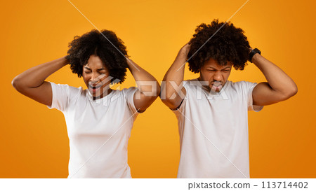 Devastated african american man and woman touching their heads 113714402