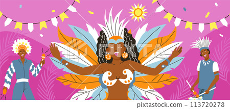 Hand drawn flat brazilian carnival background with a dancer woman wearing a feather costume 113720278