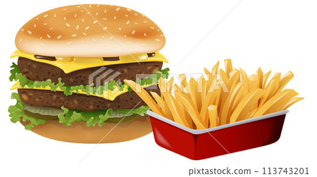 Classic Cheeseburger and Fries Illustration 113743201