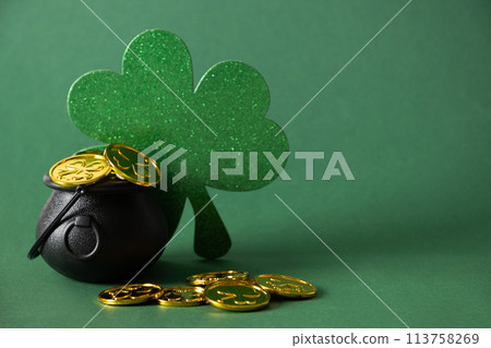 St. Patrick's day black pot with golden coins on green background. 113758269