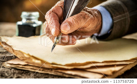 Wrinkled Hand Holding a Quill Pen on an Empty Parchment in The Act of Writing - Generative Ai 113758720