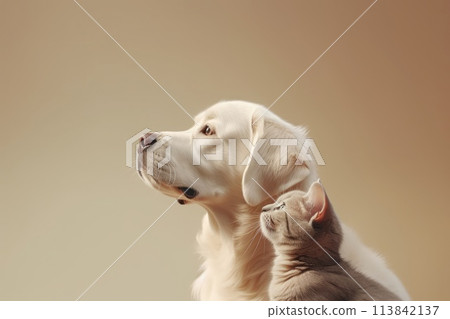 AI generated Close up portrait of a Labrador dog and a cat head looking to side on beige background 113842137