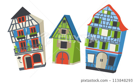 Alsace traditional houses. France. Colorful houses of old town. Vector isolated illustration. 113848293