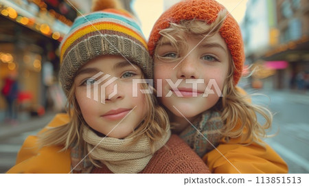 Two children in winter hats and scarves taking a selfie. National Siblings Day. AI generative 113851513