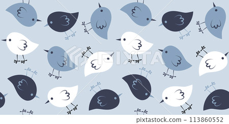 Seamless pattern with cute birds blue background repeating texture tile vector illustration. Wildlife nature design element. Pet store icon or logo. Simple flat cartoon style. Cute animals. 113860552