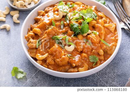 Chicken curry or butter chicken with cashew nuts and cilantro 113868180