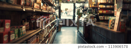 Blurred shelves in a store with goods, shopping concept in a supermarket, banner 113906578