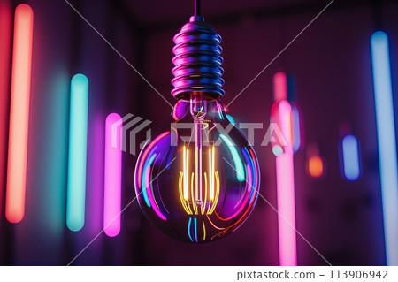 Illuminated filament lamp hang on a cord in a beautiful interior on a blurred bright multi-colored background, festive lighting for a cafe or bar 113906942