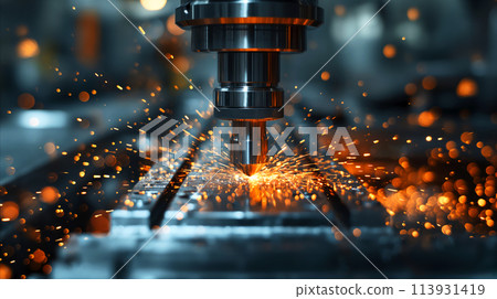 precise process of a CNC machine in action, carving into a piece of metal. The bright sparks flying dramatically emphasize the power and precision inherent in modern manufacturing technology. 113931419