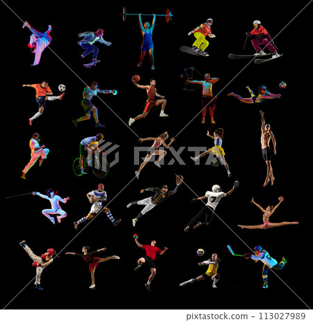 Collage made of different people, men and women, athletes of different sports in motion, training over black background 113027989