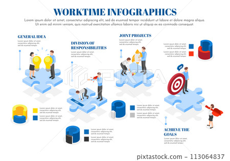 Isometric teamwork infographic template with business people on big puzzle pieces 113064837