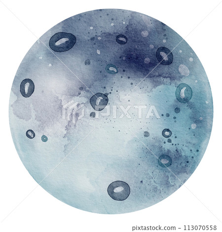 Blue Planet watercolor illustration. Hand drawn sketch of cosmic object in a Space with in pastel dark and light colors. Painting with full moon for baby design on isolated background. 113070558